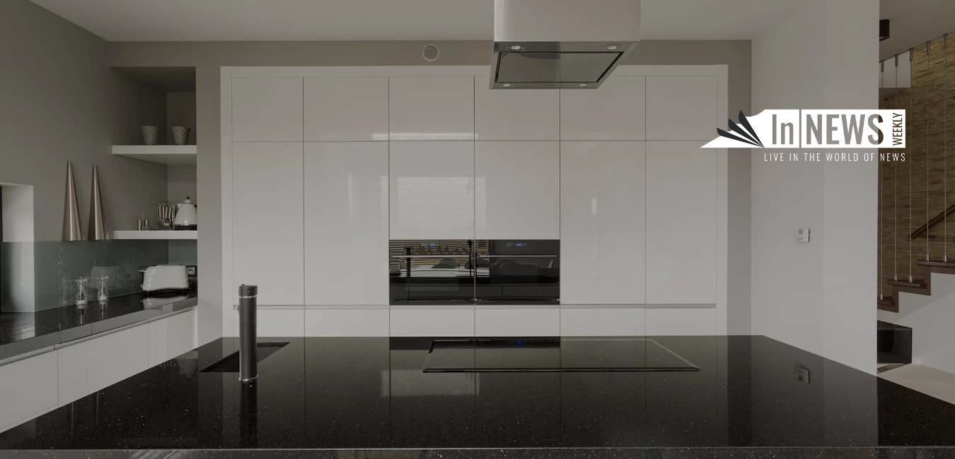 kitchen with black countertops